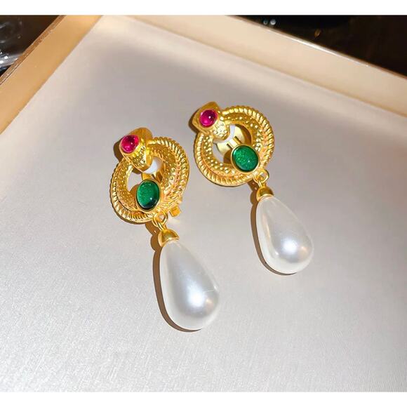 Clip on 2 1/4" gold, pink and green stone dangle white pearl earrings - Picture 4 of 5